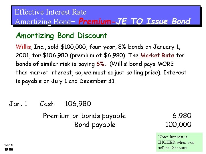 Effective Interest Rate Amortizing Bond– Premium-JE TO Issue Bond Amortizing Bond Discount Willis, Inc.