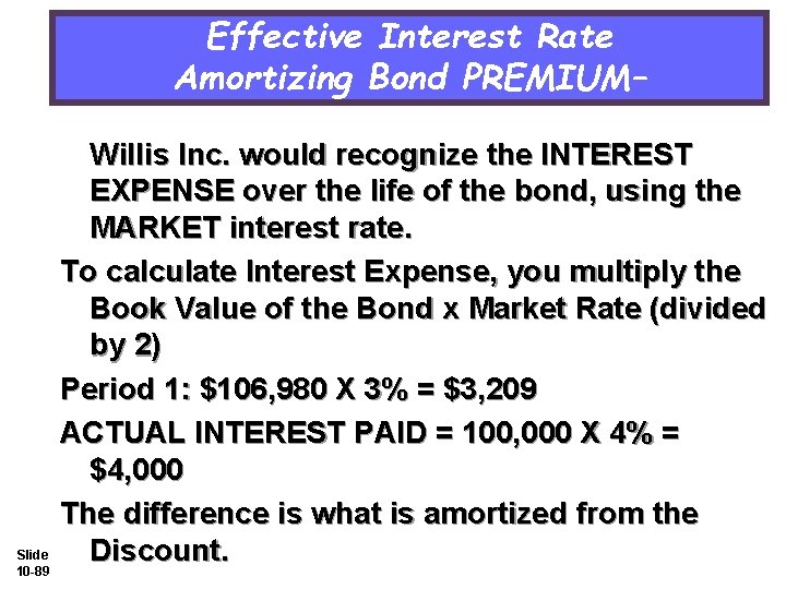 Effective Interest Rate Amortizing Bond PREMIUM– Slide 10 -89 Willis Inc. would recognize the