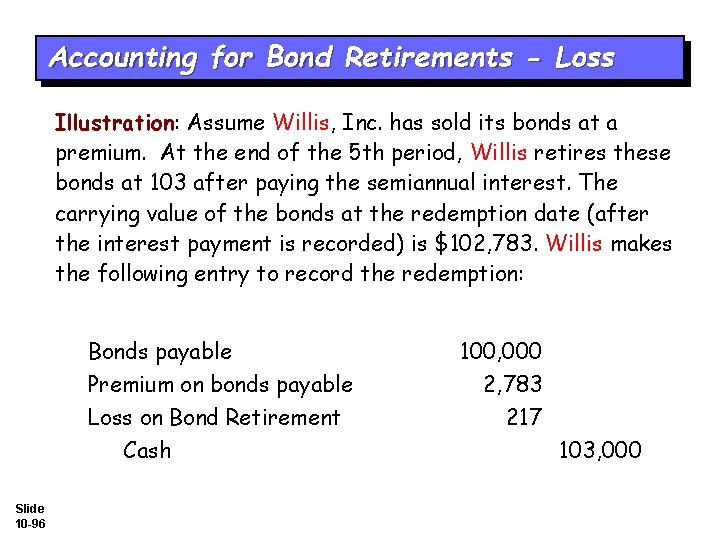 Accounting for Bond Retirements - Loss Illustration: Assume Willis, Inc. has sold its bonds