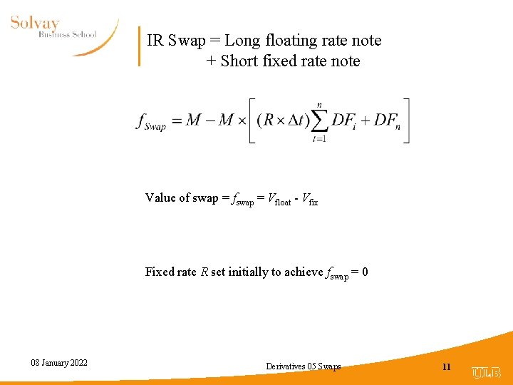 IR Swap = Long floating rate note + Short fixed rate note Value of