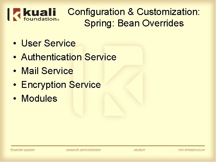 Configuration & Customization: Spring: Bean Overrides • • • User Service Authentication Service Mail
