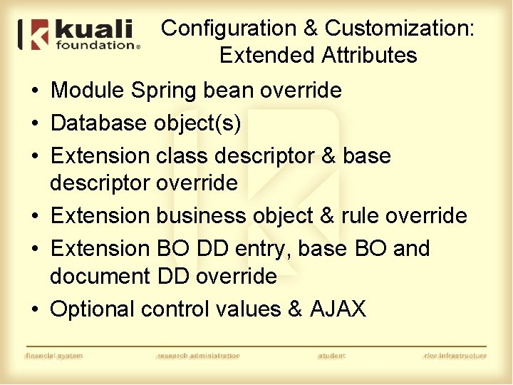 Configuration & Customization: Extended Attributes • Module Spring bean override • Database object(s) •