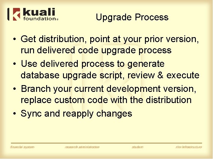 Upgrade Process • Get distribution, point at your prior version, run delivered code upgrade