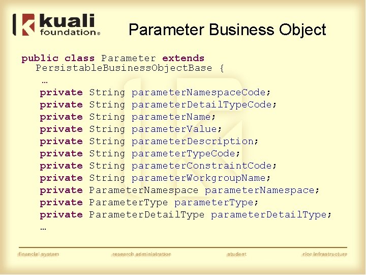 Parameter Business Object public class Parameter extends Persistable. Business. Object. Base { … private