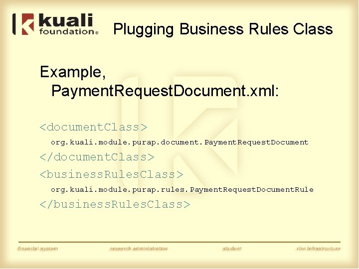 Plugging Business Rules Class Example, Payment. Request. Document. xml: <document. Class> org. kuali. module.