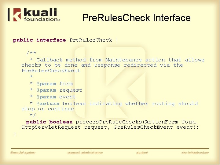 Pre. Rules. Check Interface public interface Pre. Rules. Check { /** * Callback method