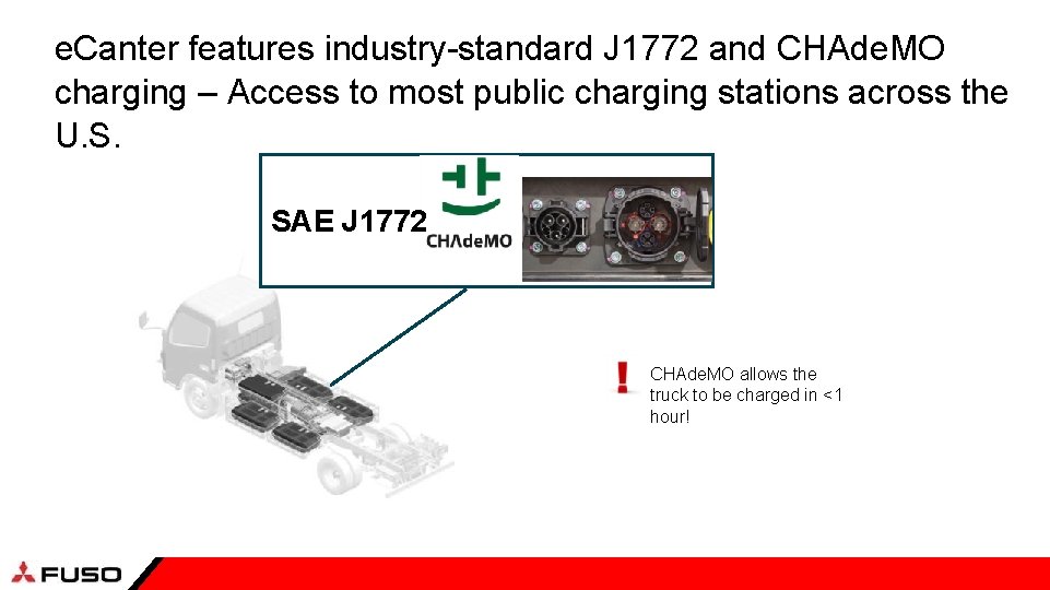 e. Canter features industry-standard J 1772 and CHAde. MO charging – Access to most