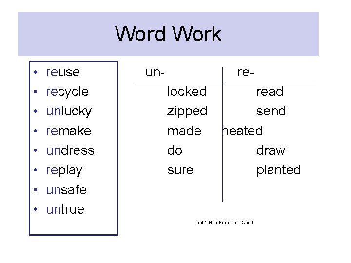 Word Work • • reuse recycle unlucky remake undress replay unsafe untrue un- relocked