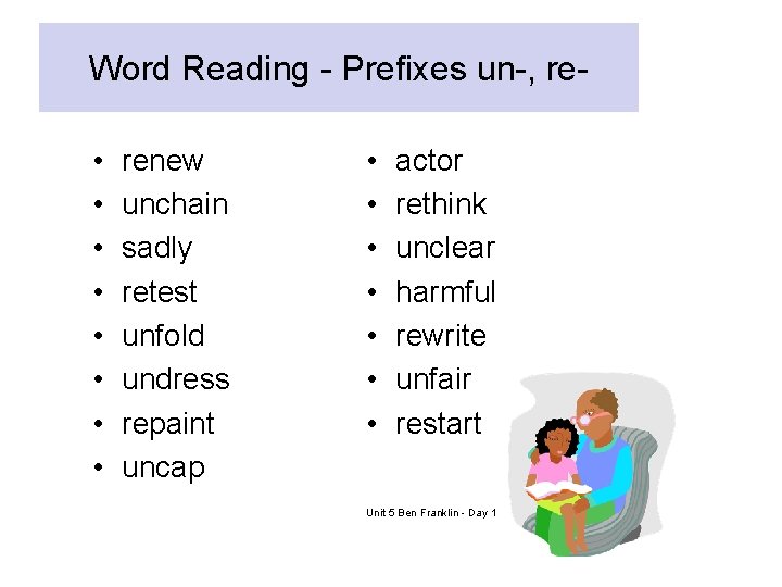 Word Reading - Prefixes un-, re • • renew unchain sadly retest unfold undress