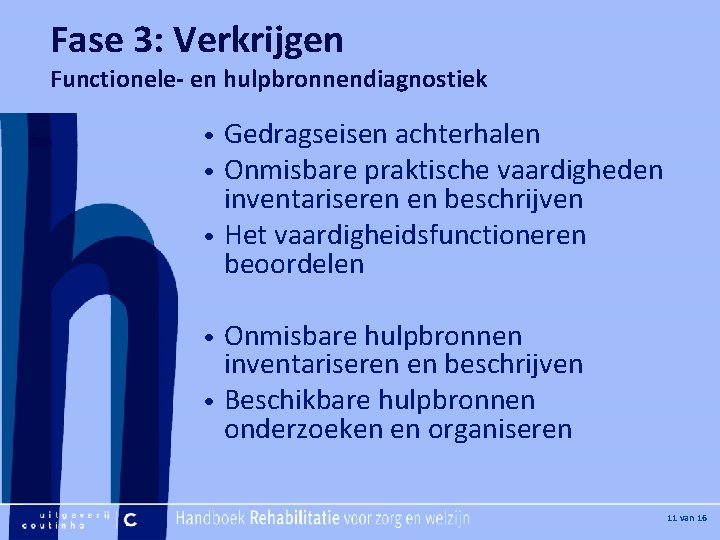 Fase 3: Verkrijgen [Hier plaatje invoegen] Functionele- en hulpbronnendiagnostiek Gedragseisen achterhalen Onmisbare praktische vaardigheden