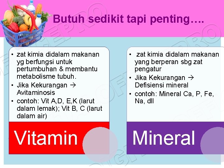 Butuh sedikit tapi penting…. • zat kimia didalam makanan yg berfungsi untuk pertumbuhan &