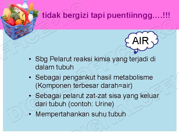 tidak bergizi tapi puentiinngg…. !!! AIR • Sbg Pelarut reaksi kimia yang terjadi di