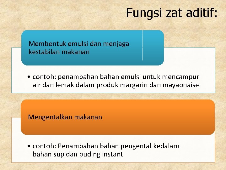 Fungsi zat aditif: Membentuk emulsi dan menjaga kestabilan makanan • contoh: penambahan emulsi untuk