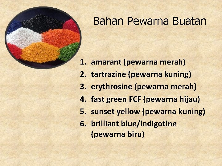 Bahan Pewarna Buatan 1. 2. 3. 4. 5. 6. amarant (pewarna merah) tartrazine (pewarna