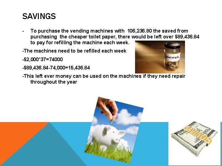 SAVINGS - To purchase the vending machines with 106, 236. 80 the saved from