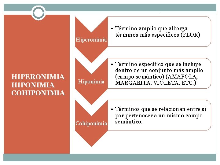 Hiperonimia HIPERONIMIA HIPONIMIA COHIPONIMIA Hiponimia • Término amplio que alberga términos más específicos (FLOR)