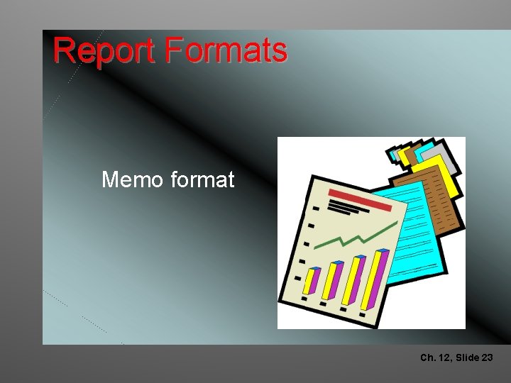 Report Formats Memo format Ch. 12, Slide 23 