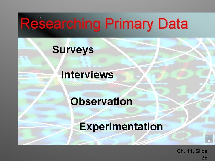 Researching Primary Data Surveys Interviews Observation Experimentation Ch. 11, Slide 38 