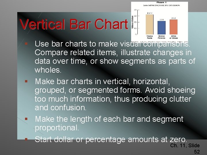 Vertical Bar Chart § Use bar charts to make visual comparisons. Compare related items,