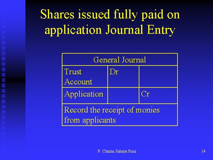 Shares issued fully paid on application Journal Entry General Journal Dr Trust Account Application