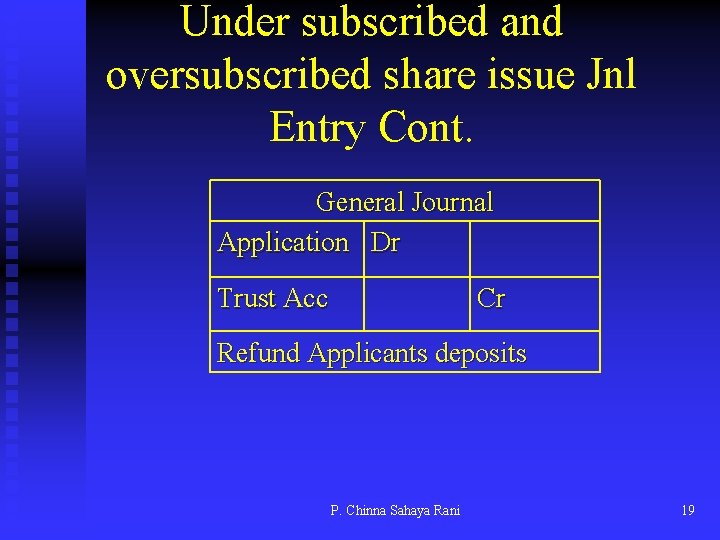 Under subscribed and oversubscribed share issue Jnl Entry Cont. General Journal Application Dr Trust