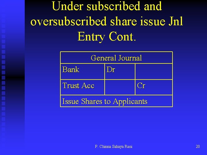 Under subscribed and oversubscribed share issue Jnl Entry Cont. Bank General Journal Dr Trust