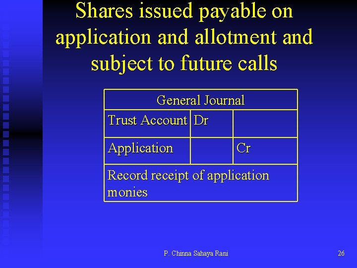 Shares issued payable on application and allotment and subject to future calls General Journal