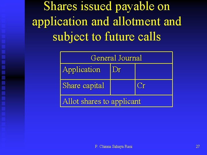 Shares issued payable on application and allotment and subject to future calls General Journal