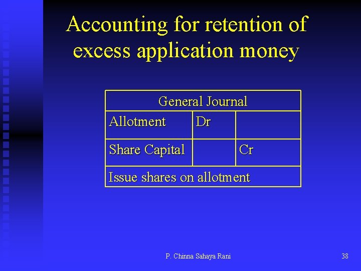 Accounting for retention of excess application money General Journal Allotment Dr Share Capital Cr