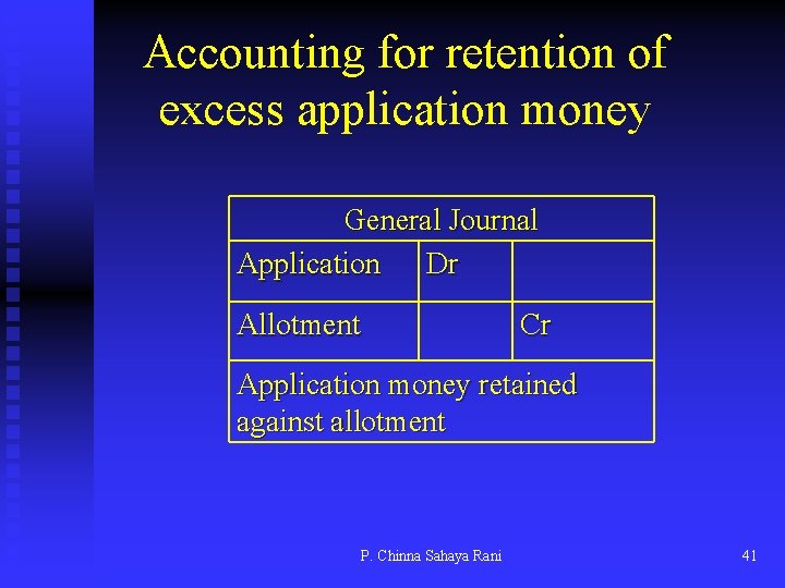 Accounting for retention of excess application money General Journal Application Dr Allotment Cr Application