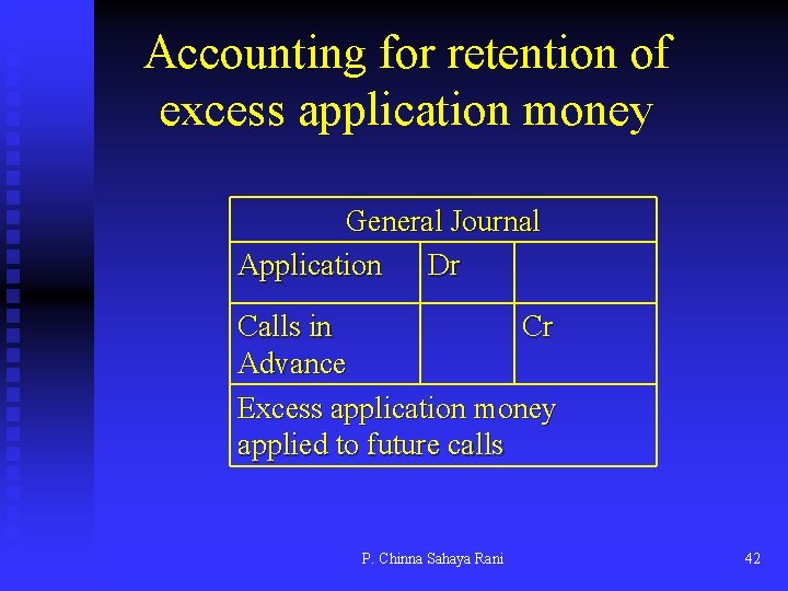 Accounting for retention of excess application money General Journal Application Dr Calls in Cr