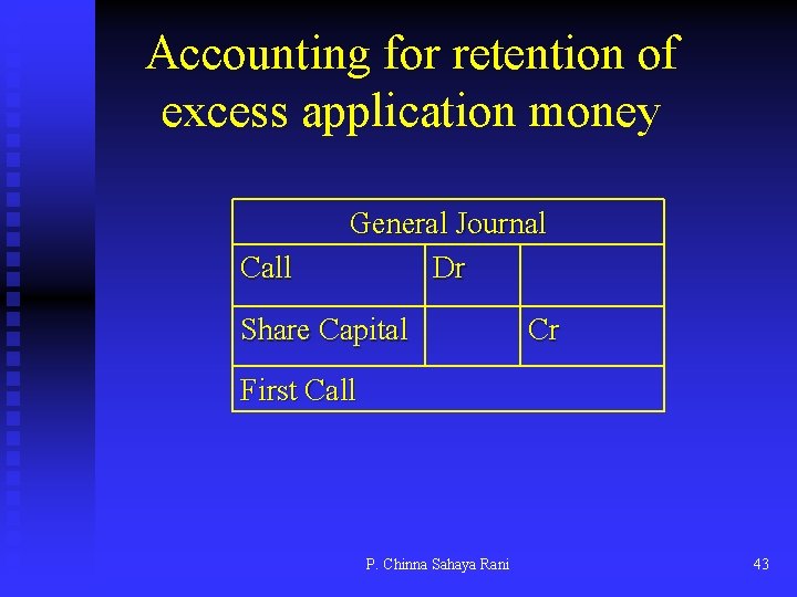 Accounting for retention of excess application money Call General Journal Dr Share Capital Cr