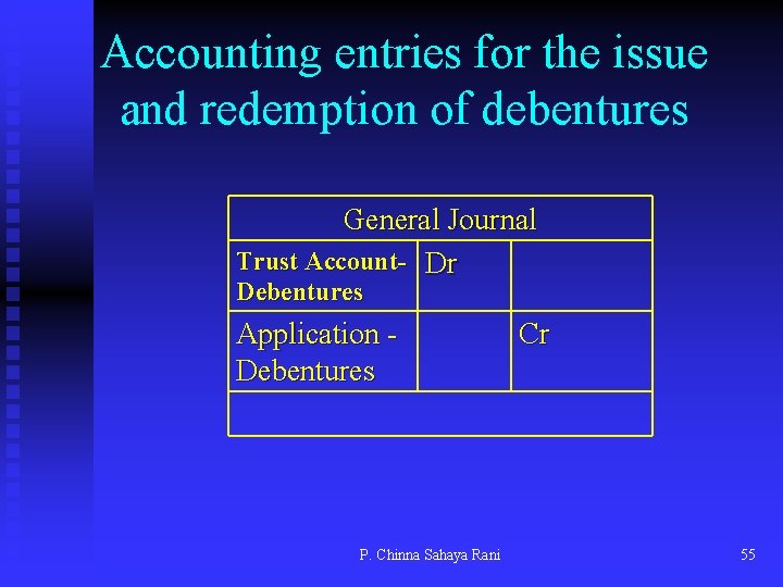 Accounting entries for the issue and redemption of debentures General Journal Trust Account- Dr