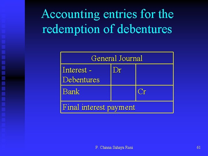 Accounting entries for the redemption of debentures General Journal Interest Dr Debentures Bank Cr