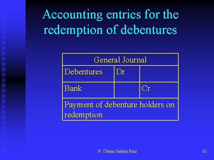 Accounting entries for the redemption of debentures General Journal Debentures Dr Bank Cr Payment