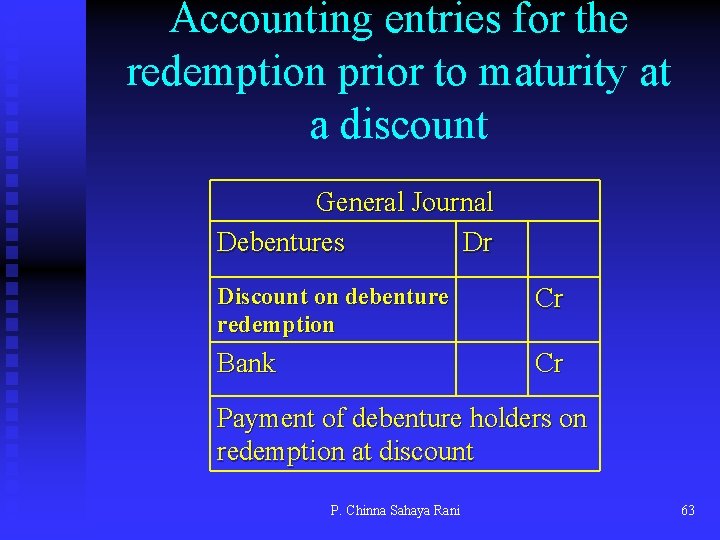 Accounting entries for the redemption prior to maturity at a discount General Journal Debentures