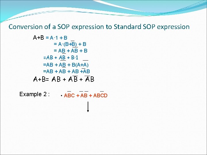 Conversion of a SOP expression to Standard SOP expression A+B = A· 1 + Conversion of a SOP expression to Standard SOP expression A+B = A· 1 +