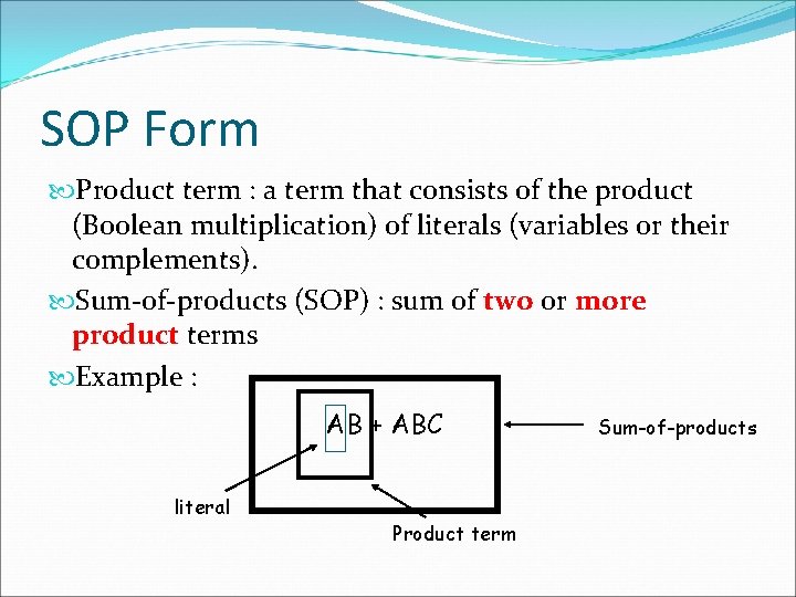 SOP Form Product term : a term that consists of the product (Boolean multiplication) SOP Form Product term : a term that consists of the product (Boolean multiplication)