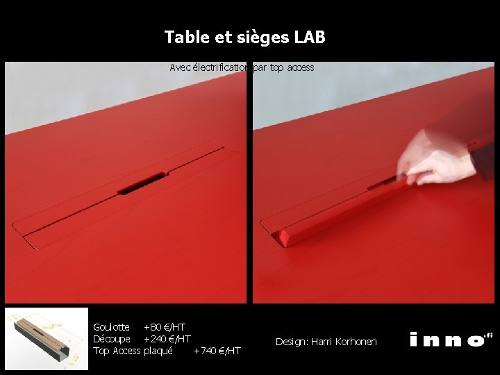 Table et sièges LAB Avec électrification par top access Dim 1800 x 800 avec