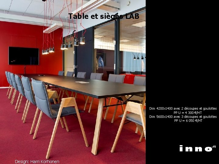 Table et sièges LAB Dim 4200 x 1400 avec 2 découpes et goulottes PP