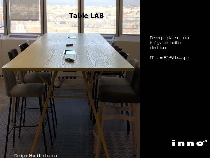 Table LAB Découpe plateau pour intégration boitier électrique PP U = 52 €/découpe Design: