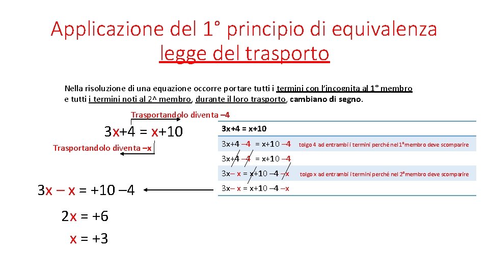 Applicazione del 1° principio di equivalenza legge del trasporto Nella risoluzione di una equazione