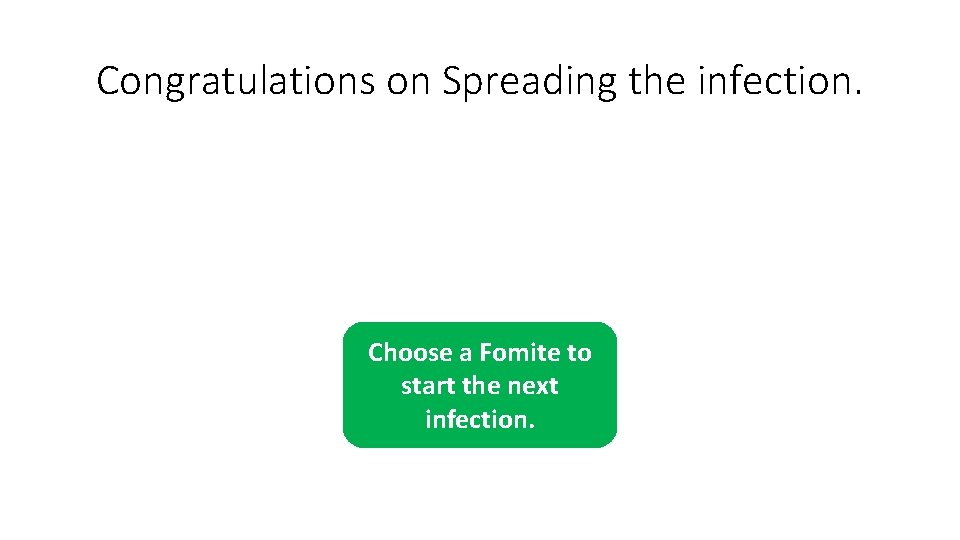 Congratulations on Spreading the infection. Choose a Fomite to start the next infection. Congratulations on Spreading the infection. Choose a Fomite to start the next infection.