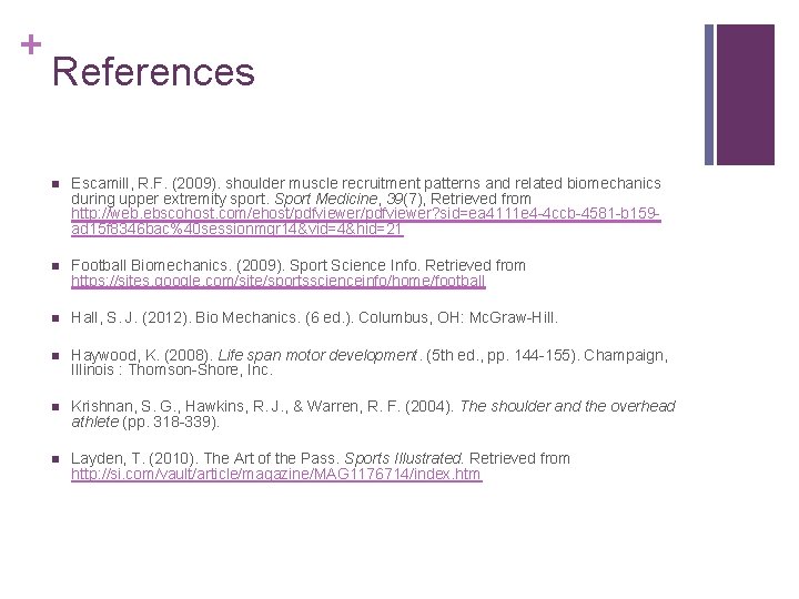 + References n Escamill, R. F. (2009). shoulder muscle recruitment patterns and related biomechanics