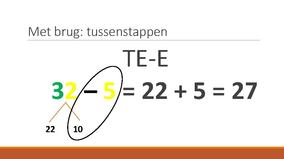 Met brug: tussenstappen TE-E 32 – 5 = 22 + 5 = 27 22