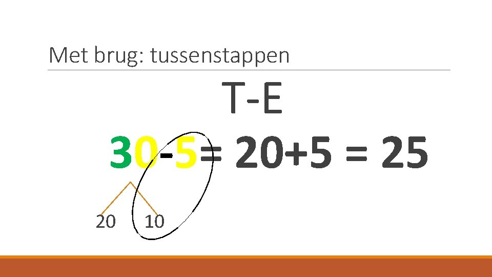 Met brug: tussenstappen T-E 30 -5= 20+5 = 25 20 10 