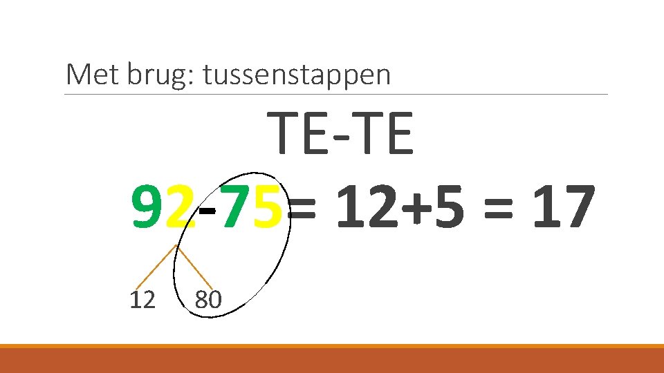 Met brug: tussenstappen TE-TE 92 -75= 12+5 = 17 12 80 