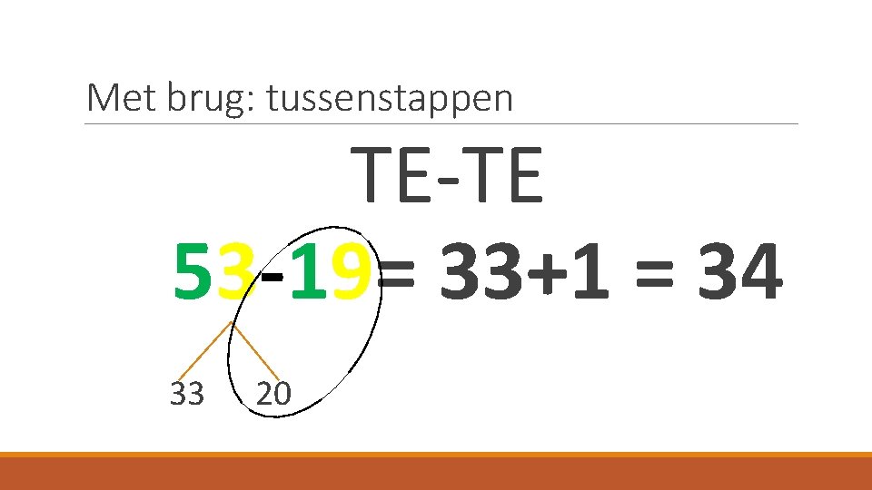 Met brug: tussenstappen TE-TE 53 -19= 33+1 = 34 33 20 