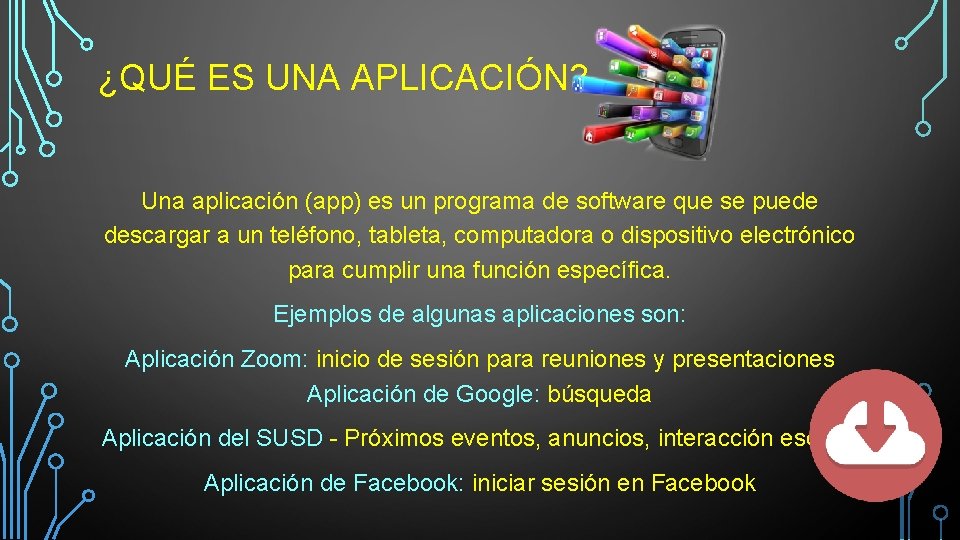 ¿QUÉ ES UNA APLICACIÓN? Una aplicación (app) es un programa de software que se