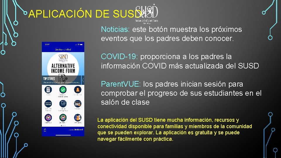 APLICACIÓN DE SUSD Noticias: este botón muestra los próximos eventos que los padres deben